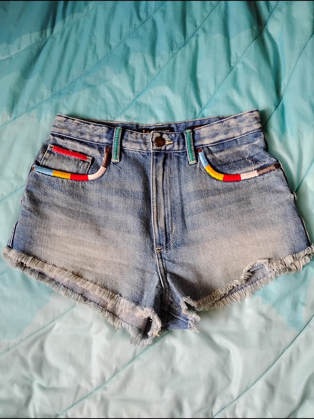 Lee Light Blue Denim Shorts with Rainbow Pocket Trim